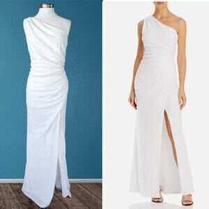AQUA White Sequin One-Shoulder Formal Gown Maxi Dress Size Large Prom Wedding